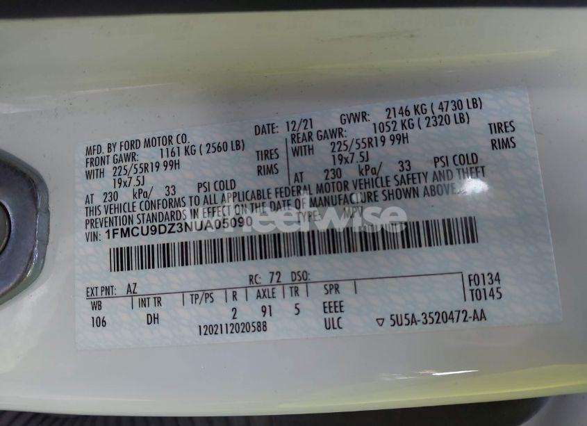 Photo 9 of 2022 Ford Escape TITANIUM HYBRID (VIN 1FMCU9DZ3NUA05090)