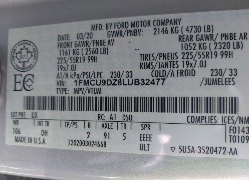 Photo 9 of 2020 Ford Escape TITANIUM HYBRID (VIN 1FMCU9DZ8LUB32477)