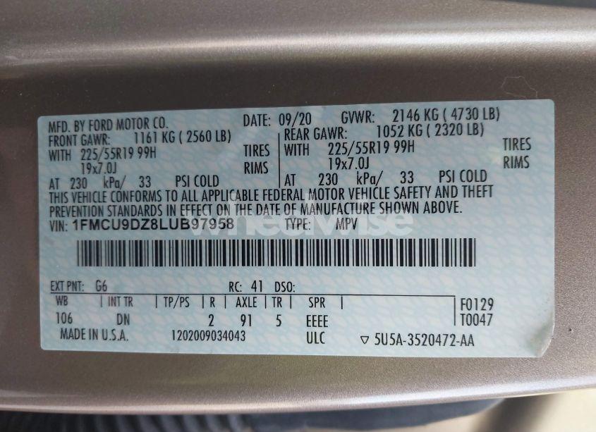 Photo 9 of 2020 Ford Escape TITANIUM HYBRID (VIN 1FMCU9DZ8LUB97958)