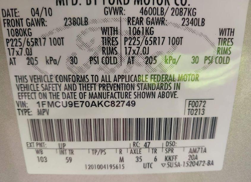 Photo 9 of 2010 Ford Escape LIMITED (VIN 1FMCU9E70AKC82749)