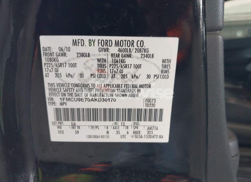 Photo 9 of 2010 Ford Escape LIMITED (VIN 1FMCU9E70AKD30170)