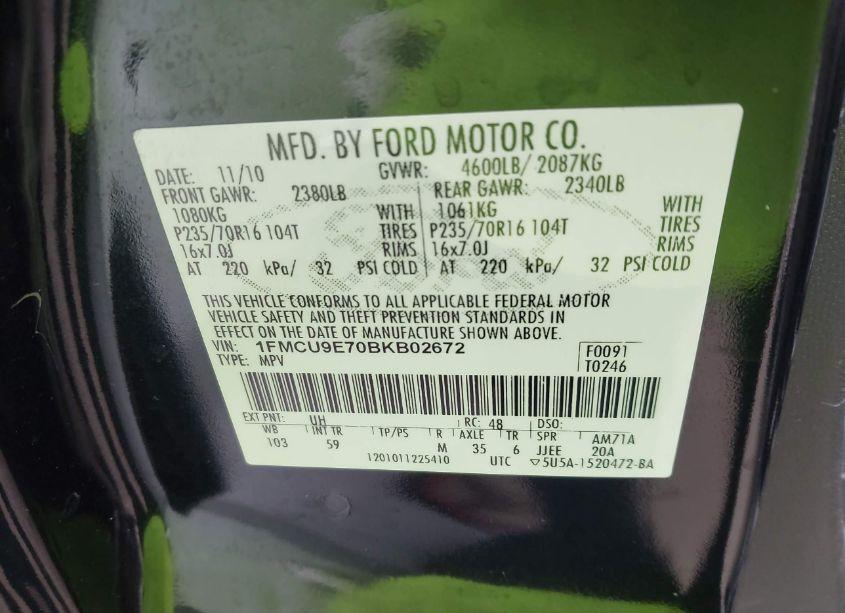 Photo 9 of 2011 Ford Escape LIMITED (VIN 1FMCU9E70BKB02672)