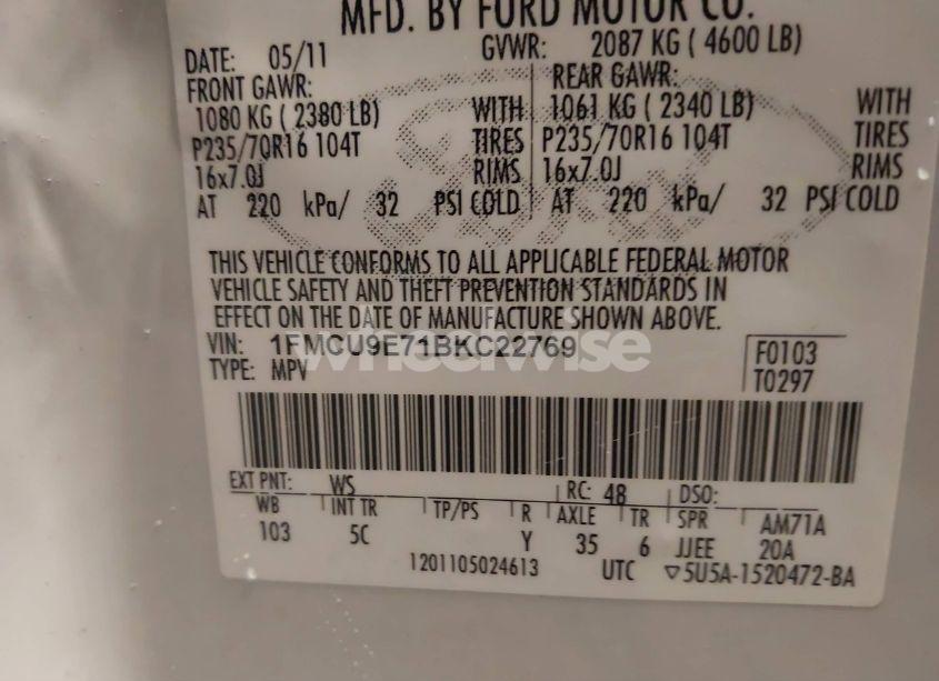 Photo 9 of 2011 Ford Escape LIMITED (VIN 1FMCU9E71BKC22769)