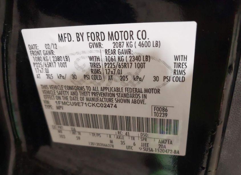 Photo 9 of 2012 Ford Escape LIMITED (VIN 1FMCU9E71CKC02474)