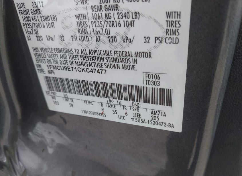 Photo 9 of 2012 Ford Escape LIMITED (VIN 1FMCU9E71CKC47477)