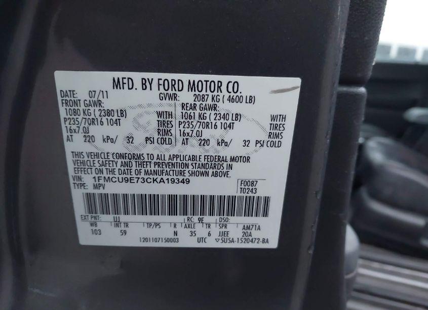 Photo 9 of 2012 Ford Escape LIMITED (VIN 1FMCU9E73CKA19349)