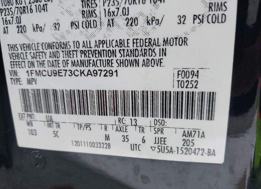 Photo 9 of 2012 Ford Escape LIMITED (VIN 1FMCU9E73CKA97291)