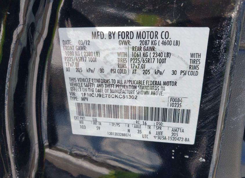 Photo 9 of 2012 Ford Escape LIMITED (VIN 1FMCU9E78CKC51302)