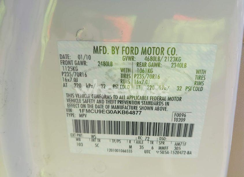 Photo 9 of 2010 Ford Escape LIMITED (VIN 1FMCU9EG0AKB64877)