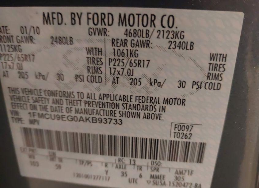 Photo 9 of 2010 Ford Escape LIMITED (VIN 1FMCU9EG0AKB93733)