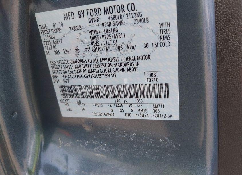 Photo 9 of 2010 Ford Escape LIMITED (VIN 1FMCU9EG1AKB75810)