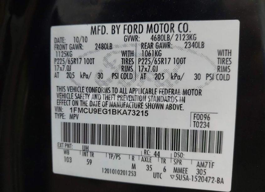 Photo 9 of 2011 Ford Escape LIMITED (VIN 1FMCU9EG1BKA73215)