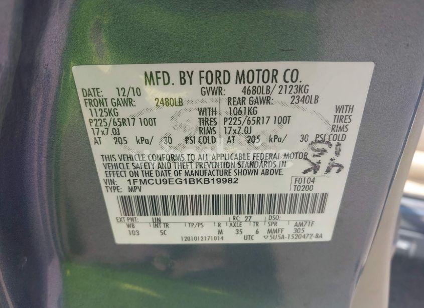 Photo 9 of 2011 Ford Escape LIMITED (VIN 1FMCU9EG1BKB19982)