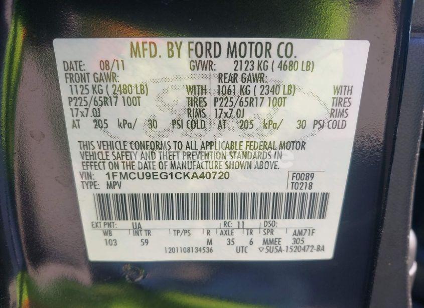 Photo 9 of 2012 Ford Escape LIMITED (VIN 1FMCU9EG1CKA40720)