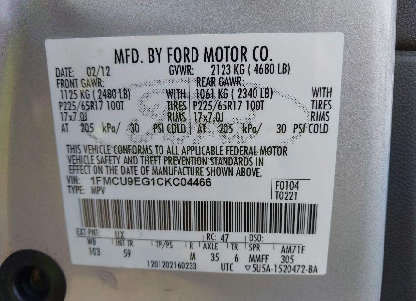 Photo 9 of 2012 Ford Escape LIMITED (VIN 1FMCU9EG1CKC04466)