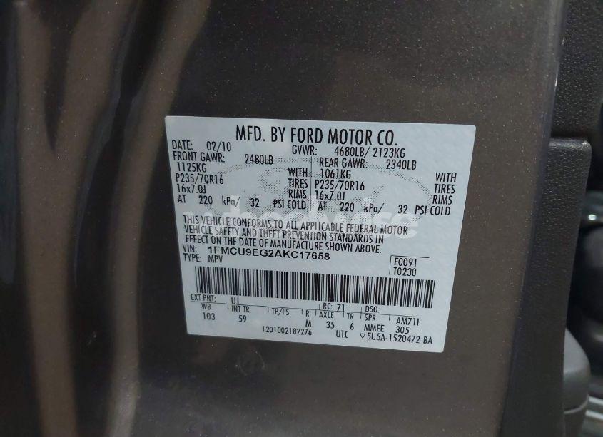 Photo 9 of 2010 Ford Escape LIMITED (VIN 1FMCU9EG2AKC17658)