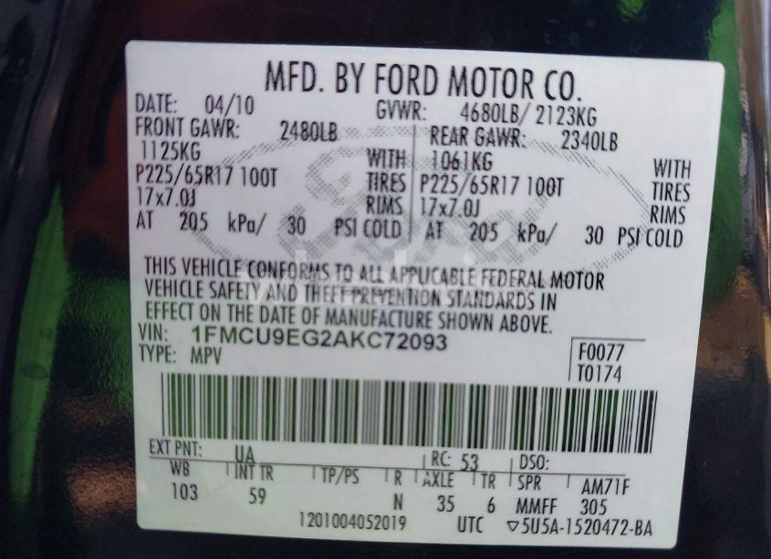 Photo 9 of 2010 Ford Escape LIMITED (VIN 1FMCU9EG2AKC72093)