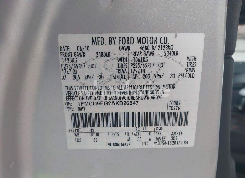 Photo 9 of 2010 Ford Escape LIMITED (VIN 1FMCU9EG2AKD26847)