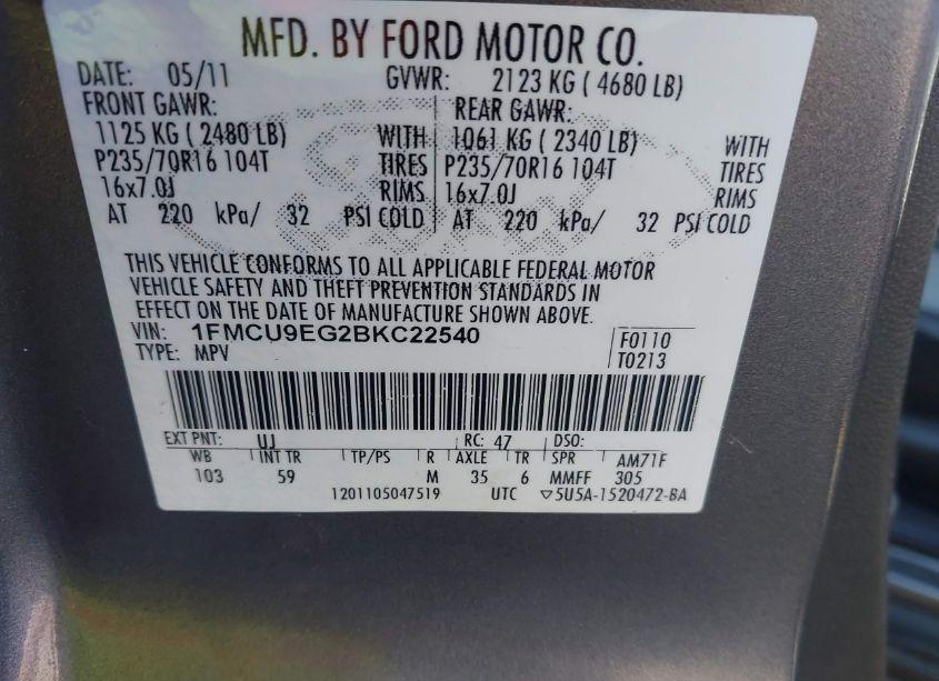 Photo 9 of 2011 Ford Escape LIMITED (VIN 1FMCU9EG2BKC22540)