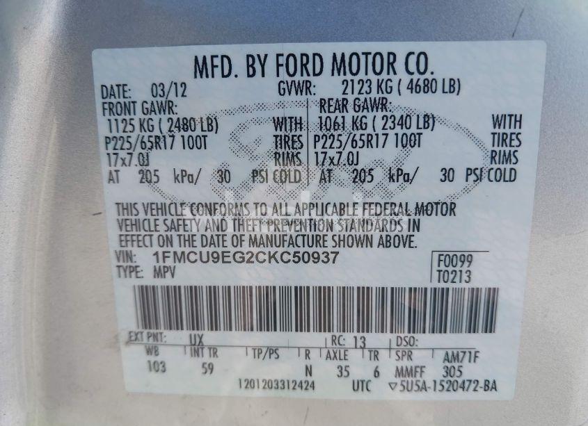 Photo 9 of 2012 Ford Escape LIMITED (VIN 1FMCU9EG2CKC50937)