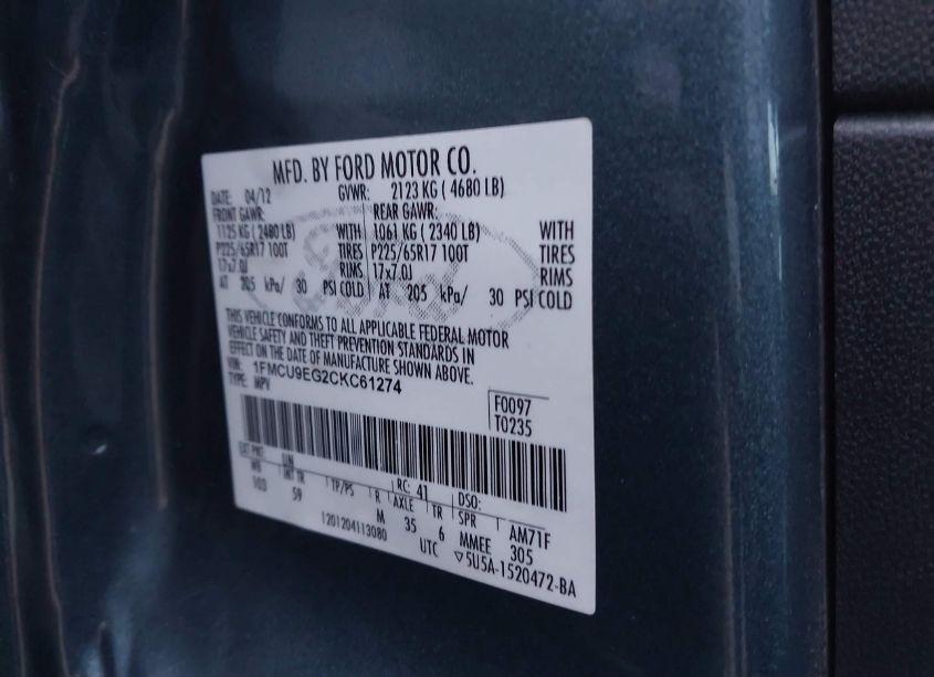 Photo 9 of 2012 Ford Escape LIMITED (VIN 1FMCU9EG2CKC61274)