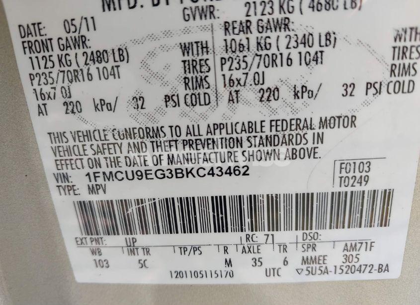 Photo 9 of 2011 Ford Escape LIMITED (VIN 1FMCU9EG3BKC43462)