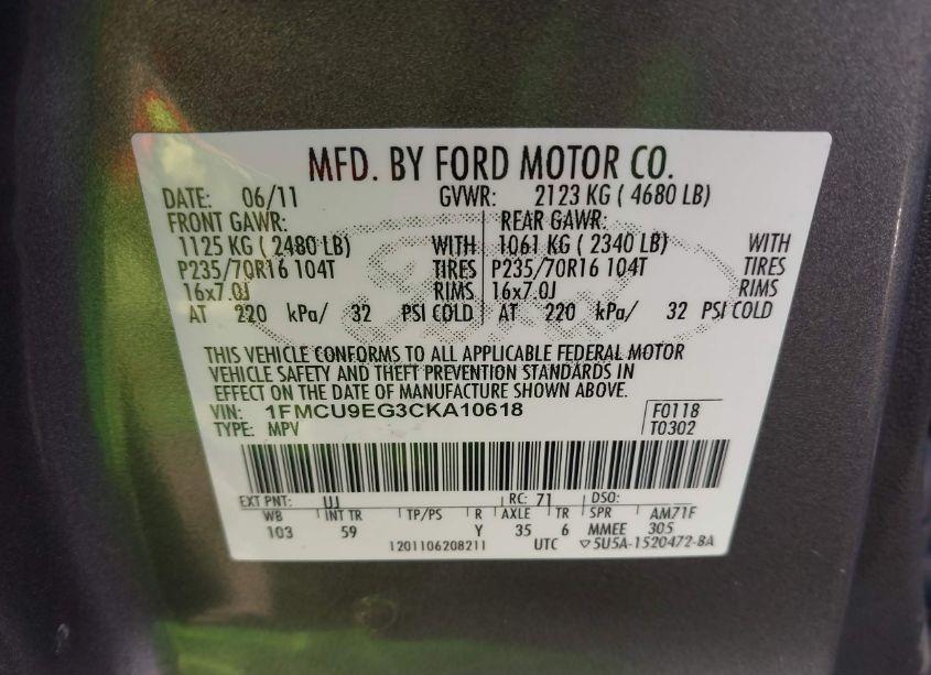 Photo 9 of 2012 Ford Escape LIMITED (VIN 1FMCU9EG3CKA10618)