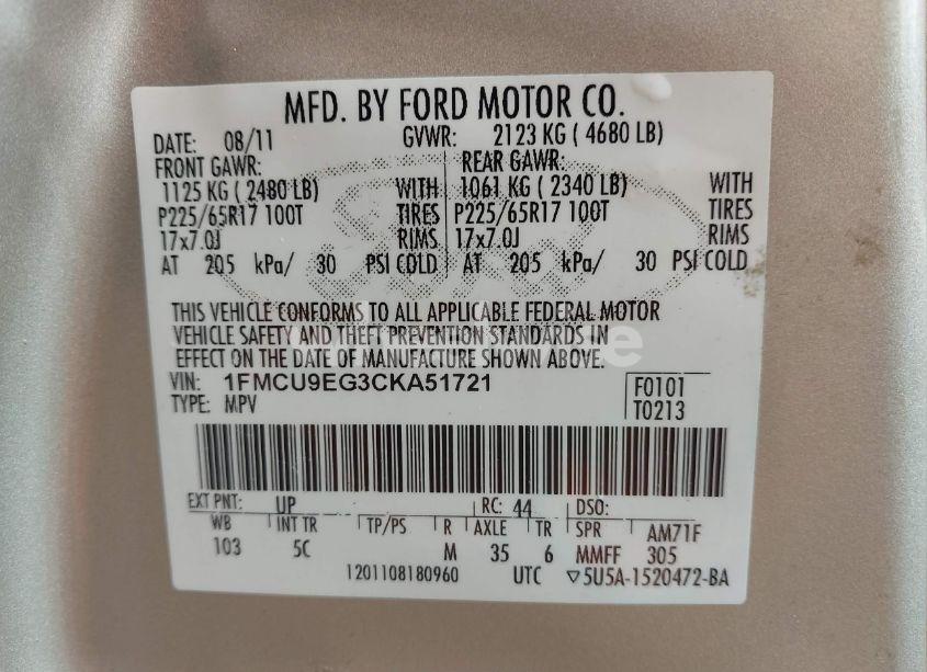 Photo 9 of 2012 Ford Escape LIMITED (VIN 1FMCU9EG3CKA51721)