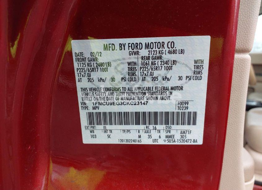 Photo 9 of 2012 Ford Escape LIMITED (VIN 1FMCU9EG3CKC23147)