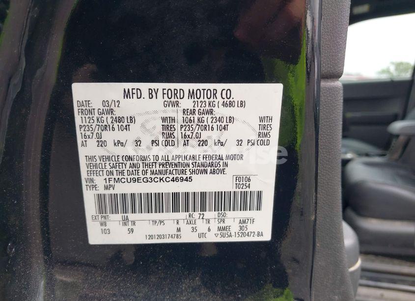 Photo 9 of 2012 Ford Escape LIMITED (VIN 1FMCU9EG3CKC46945)