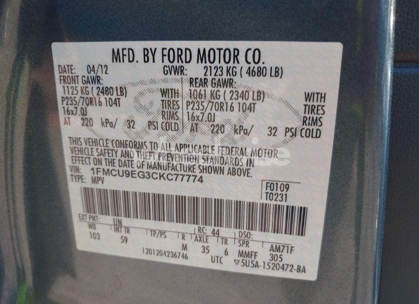 Photo 9 of 2012 Ford Escape LIMITED (VIN 1FMCU9EG3CKC77774)