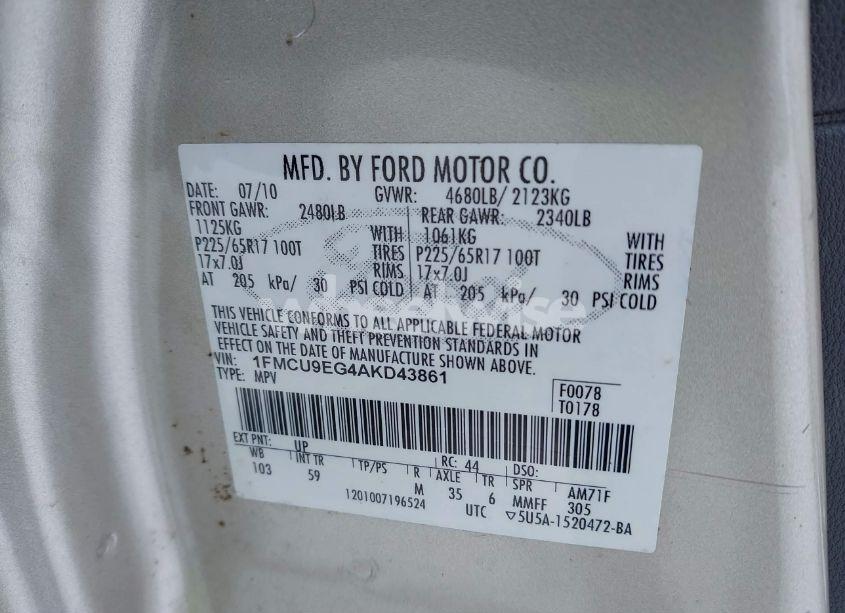 Photo 9 of 2010 Ford Escape LIMITED (VIN 1FMCU9EG4AKD43861)