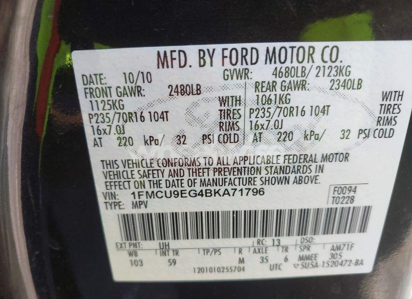 Photo 9 of 2011 Ford Escape LIMITED (VIN 1FMCU9EG4BKA71796)