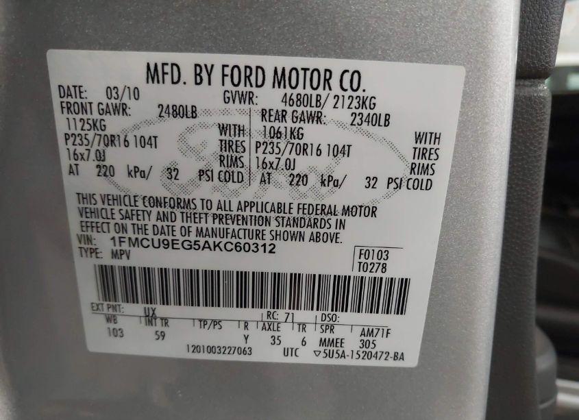 Photo 9 of 2010 Ford Escape LIMITED (VIN 1FMCU9EG5AKC60312)