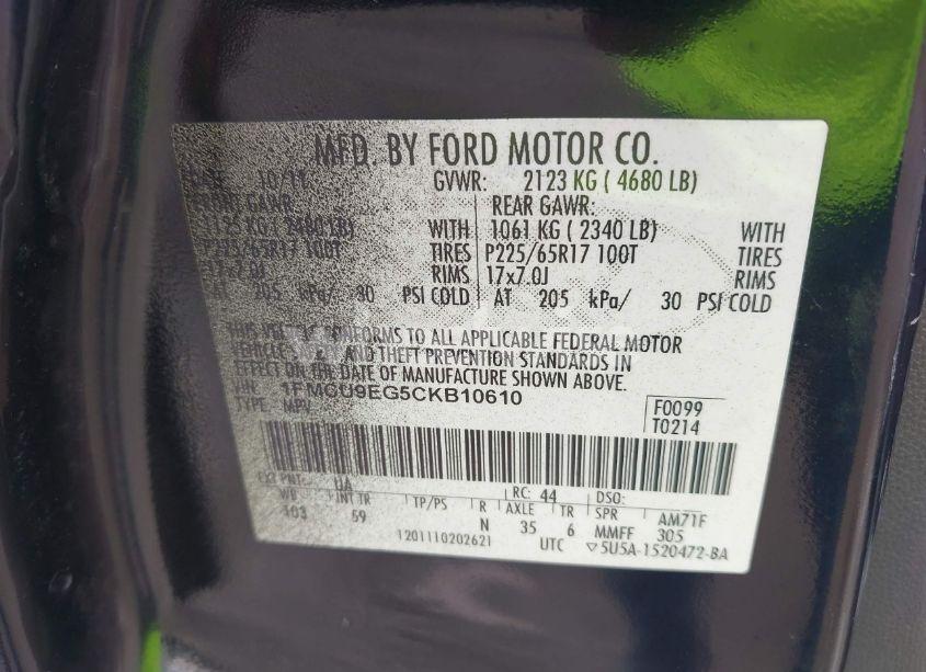 Photo 9 of 2012 Ford Escape LIMITED (VIN 1FMCU9EG5CKB10610)