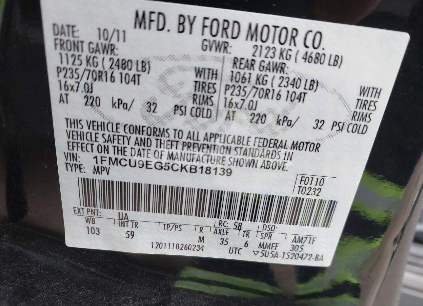 Photo 9 of 2012 Ford Escape LIMITED (VIN 1FMCU9EG5CKB18139)