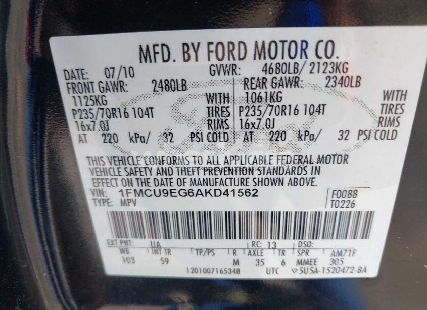 Photo 9 of 2010 Ford Escape LIMITED (VIN 1FMCU9EG6AKD41562)