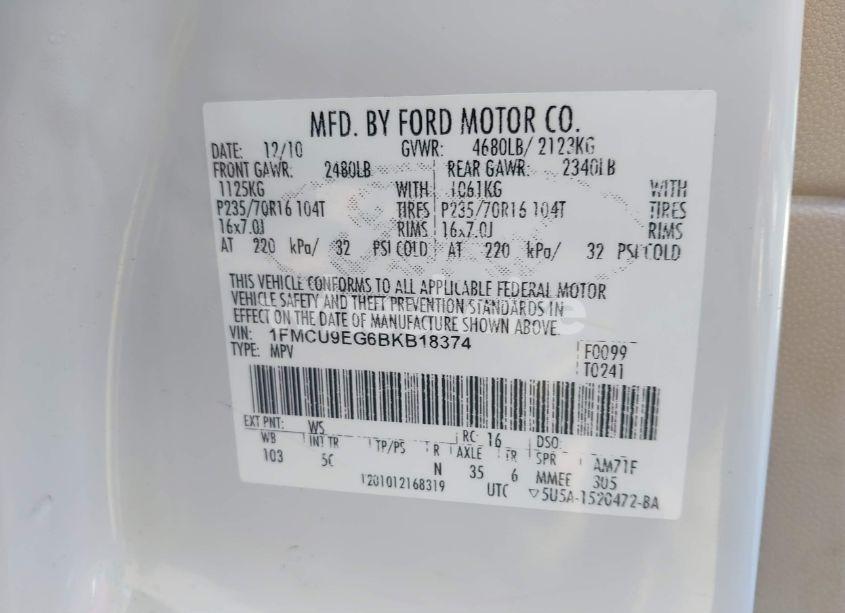 Photo 9 of 2011 Ford Escape LIMITED (VIN 1FMCU9EG6BKB18374)