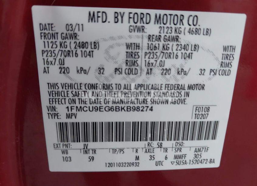 Photo 9 of 2011 Ford Escape LIMITED (VIN 1FMCU9EG6BKB98274)