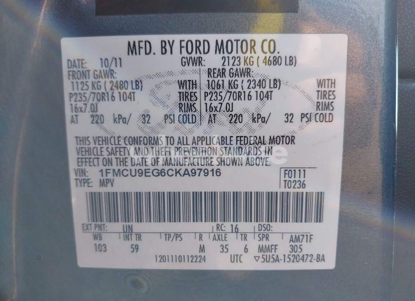 Photo 9 of 2012 Ford Escape LIMITED (VIN 1FMCU9EG6CKA97916)