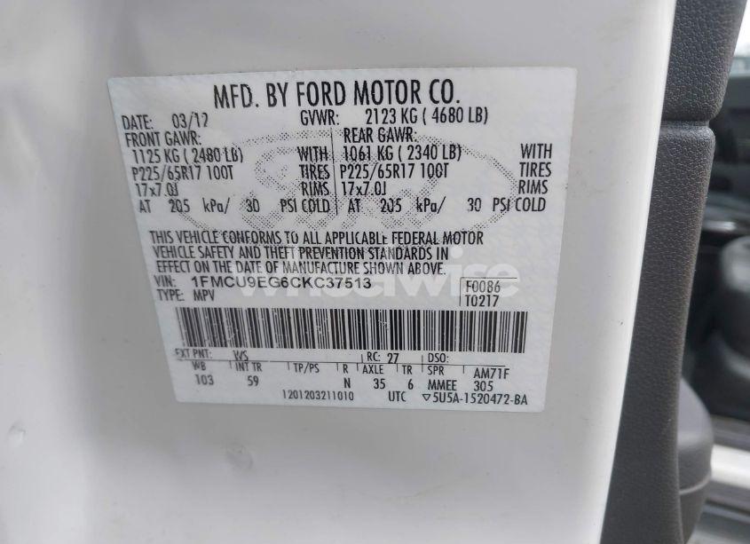 Photo 9 of 2012 Ford Escape LIMITED (VIN 1FMCU9EG6CKC37513)