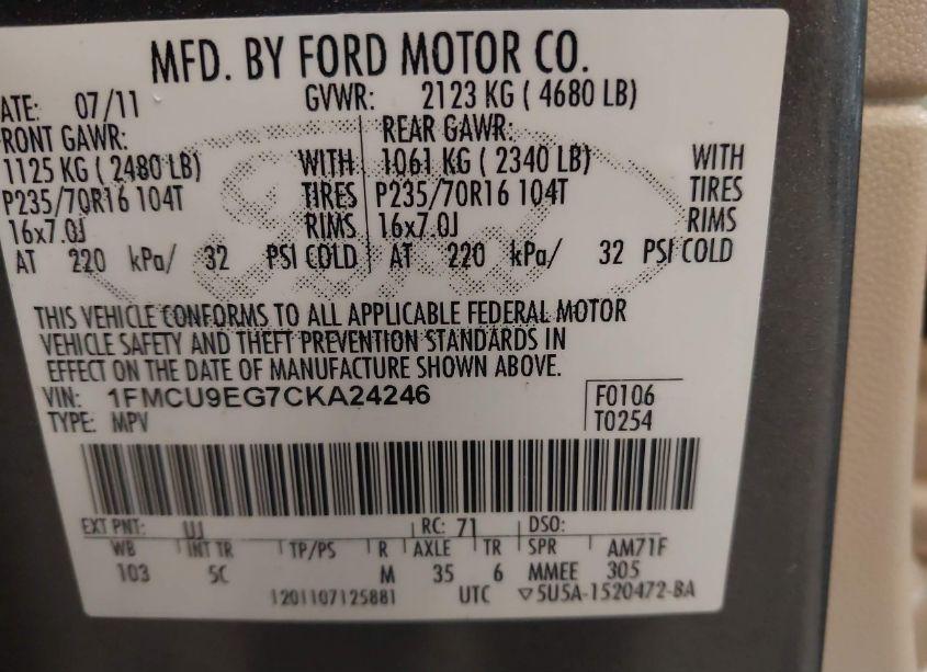 Photo 9 of 2012 Ford Escape LIMITED (VIN 1FMCU9EG7CKA24246)