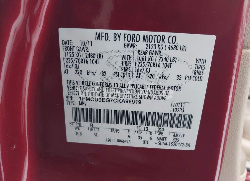 Photo 9 of 2012 Ford Escape LIMITED (VIN 1FMCU9EG7CKA96919)