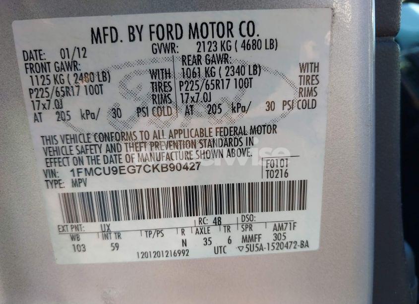 Photo 9 of 2012 Ford Escape LIMITED (VIN 1FMCU9EG7CKB90427)