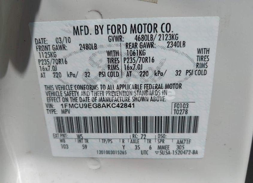 Photo 9 of 2010 Ford Escape LIMITED (VIN 1FMCU9EG8AKC42841)