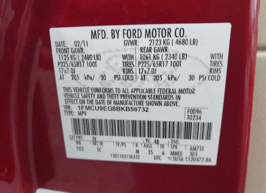 Photo 9 of 2011 Ford Escape LIMITED (VIN 1FMCU9EG8BKB58732)