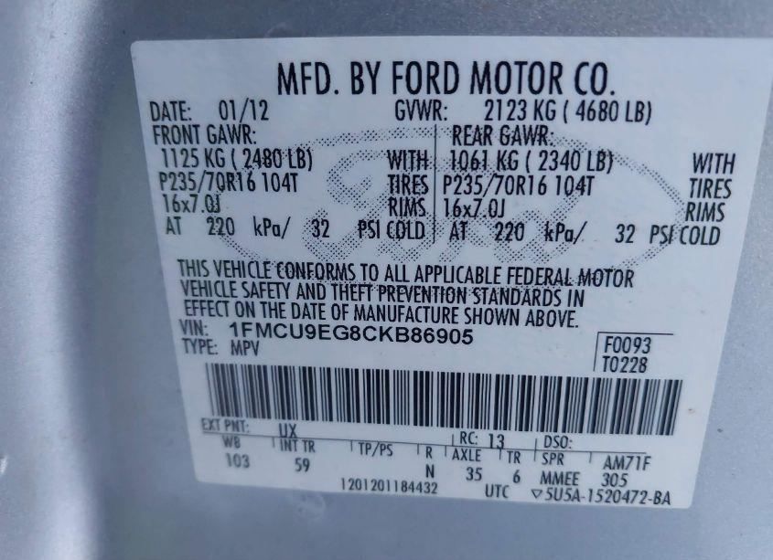 Photo 9 of 2012 Ford Escape LIMITED (VIN 1FMCU9EG8CKB86905)
