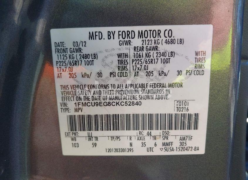 Photo 9 of 2012 Ford Escape LIMITED (VIN 1FMCU9EG8CKC52840)