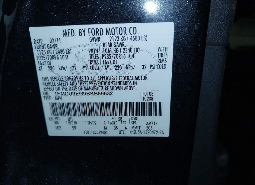 Photo 9 of 2011 Ford Escape LIMITED (VIN 1FMCU9EG9BKB59632)