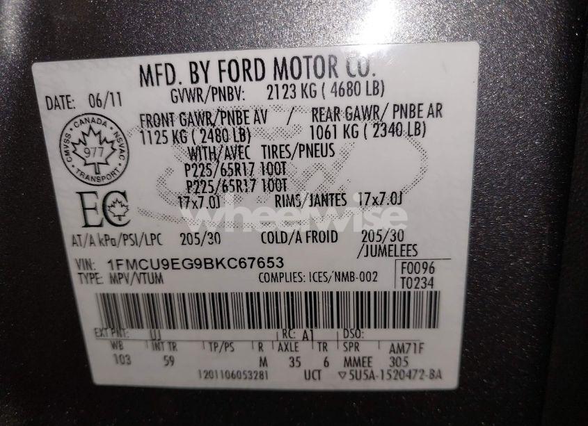 Photo 9 of 2011 Ford Escape LIMITED (VIN 1FMCU9EG9BKC67653)